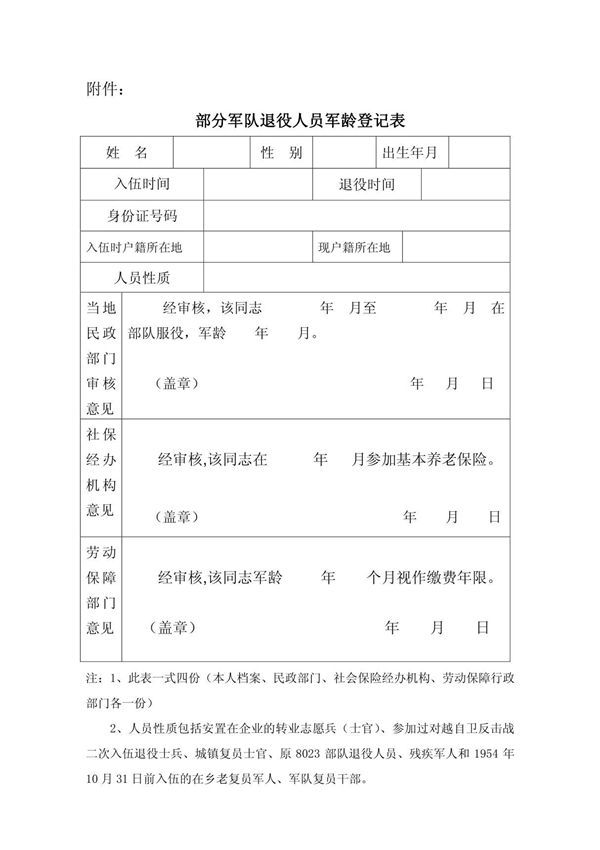 部分军队退役人员军龄登记表