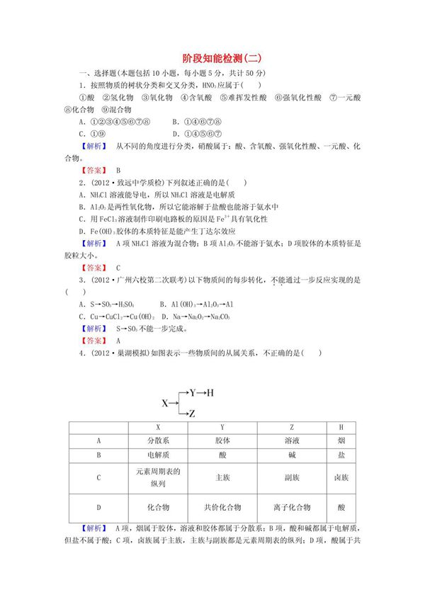 2013高考化学第一轮复习 阶段知能检测(二) 新课标(广东专用)
