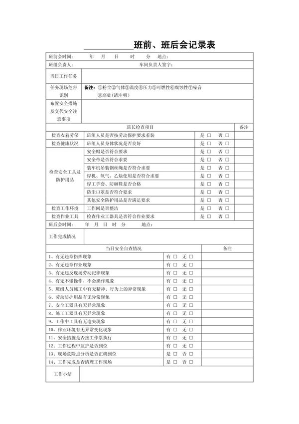 041班前 班后会议记录表