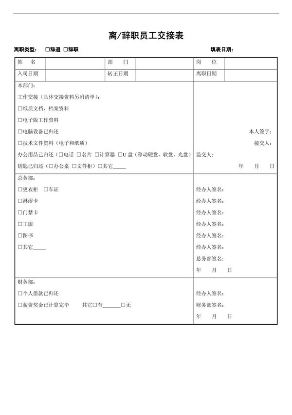 员工离职工作交接表