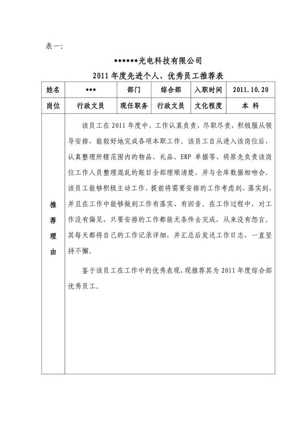 2011年度优秀员工推荐表11