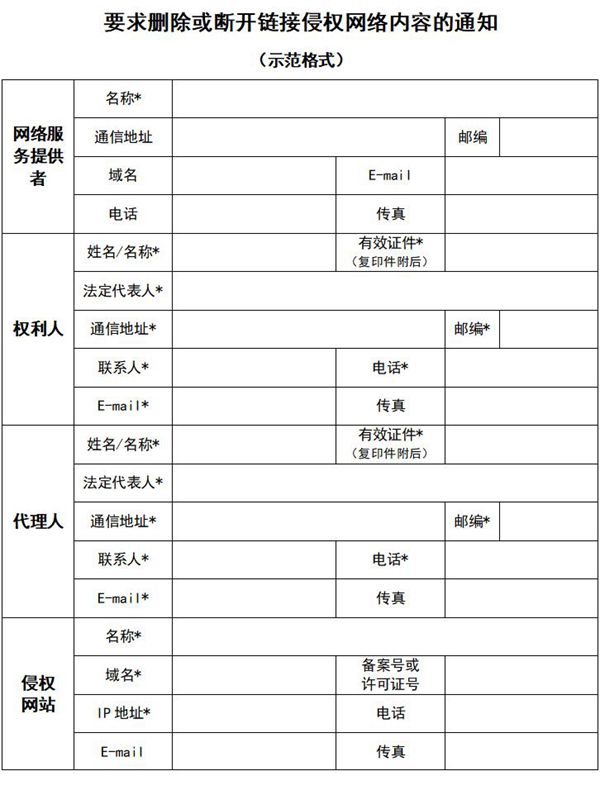 要求删除或断开链接侵权网络内容的通知格式填写说明