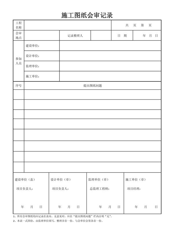 施工图纸会审记录范本表格