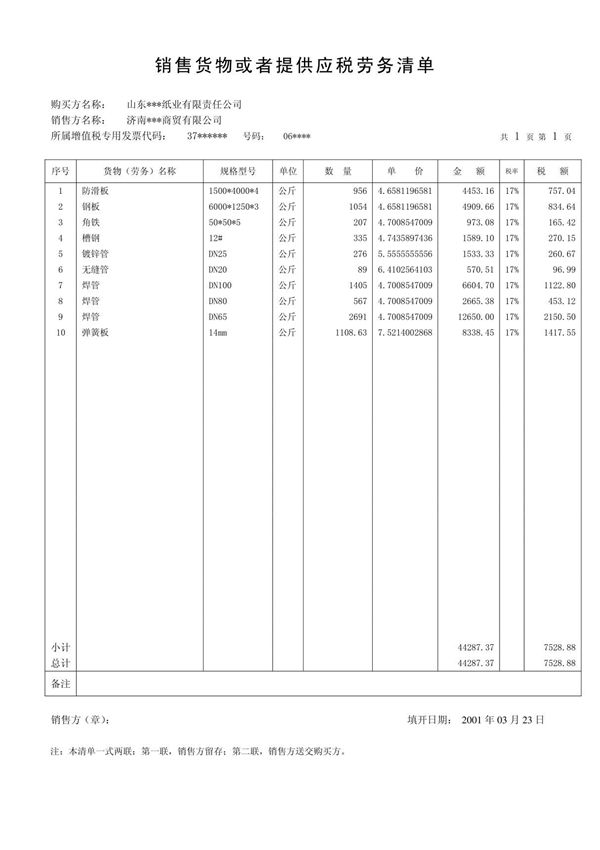 销售货物或者提供应税劳务清单