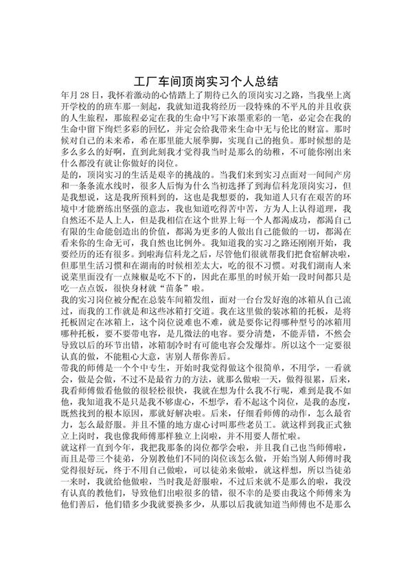 工厂车间顶岗实习个人总结