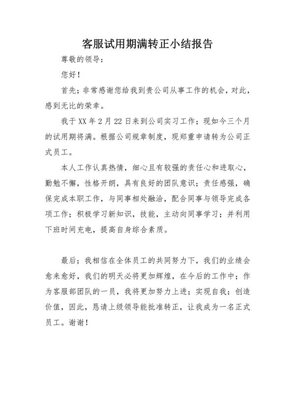 客服试用期满转正小结报告