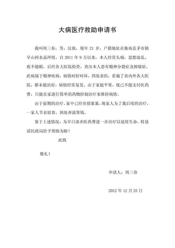 大病医疗救助申请书
