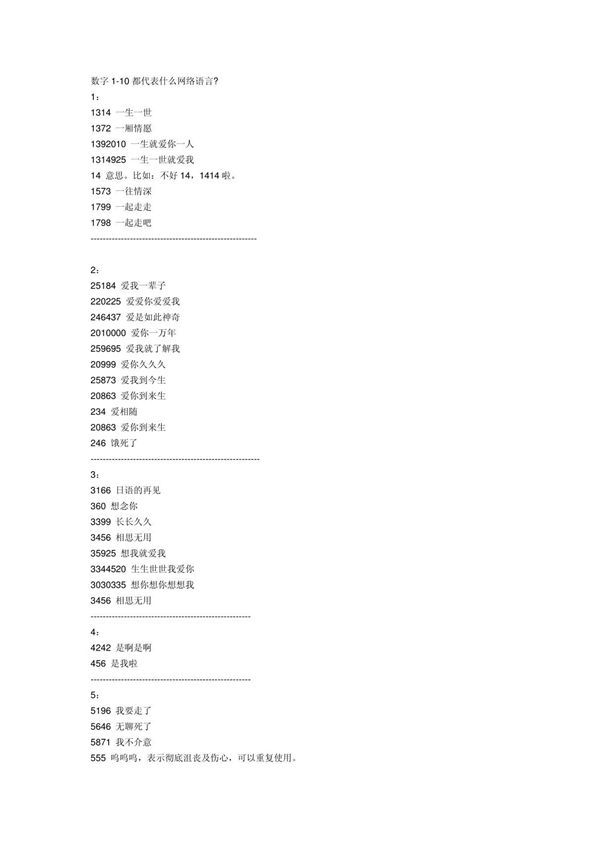 数字1-10都代表什么网络语言