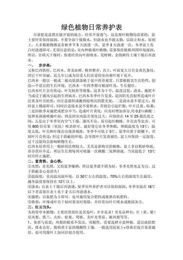 绿色植物日常养护表