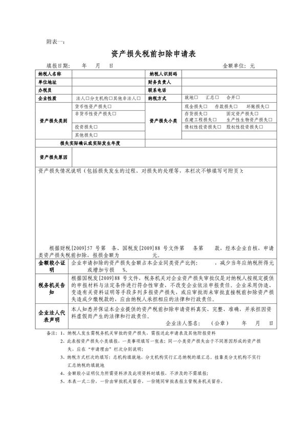财产损失申请表及审批表