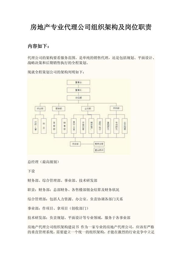 房地产专业代理公司组织架构及岗位职责