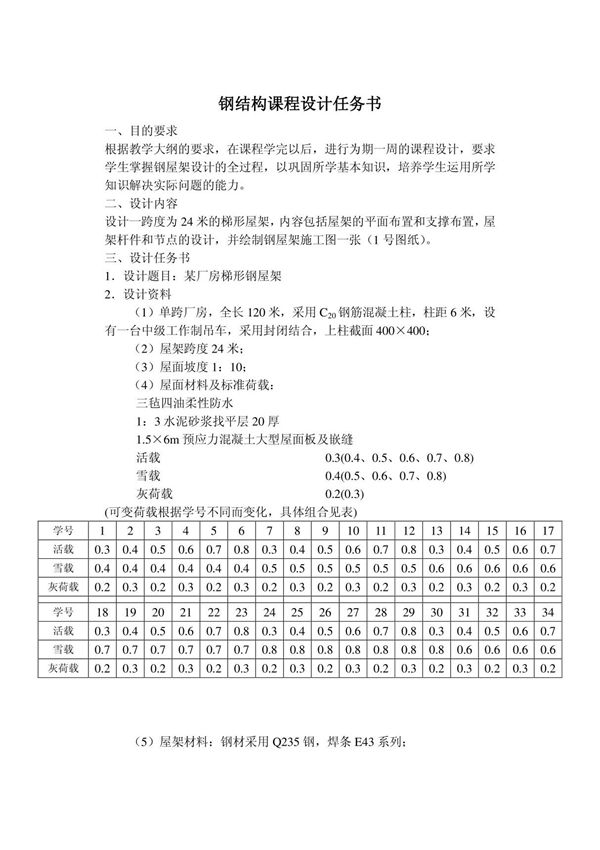 钢结构课程设计任务书