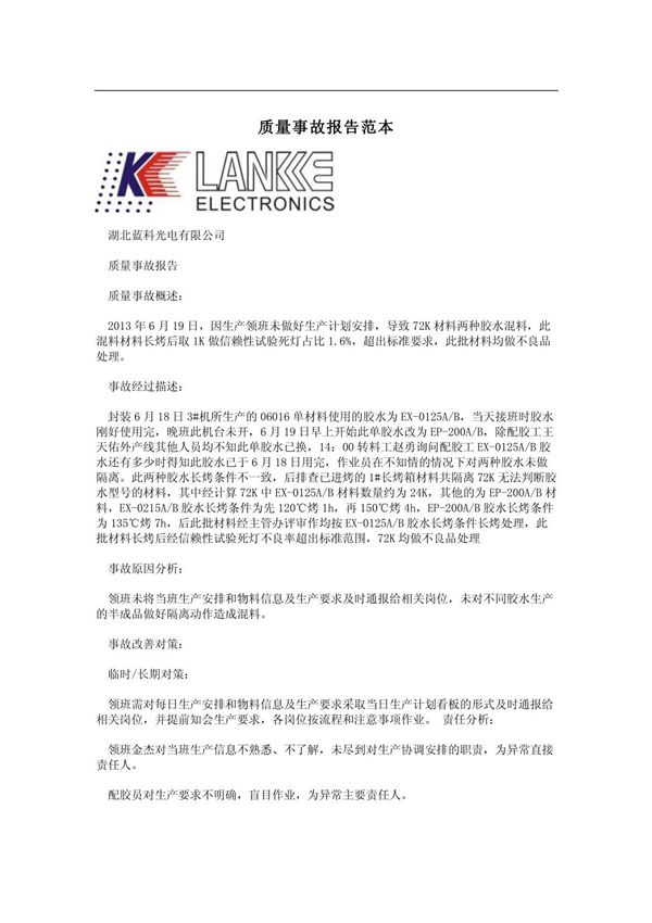 质量事故报告范本