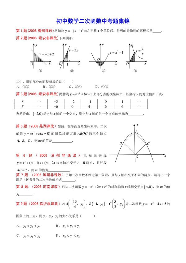 初中数学二次函数中考题集锦(含有答案)