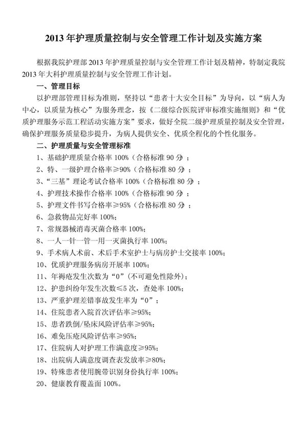 2013年大科(二级)护理质量控制与安全管理计划