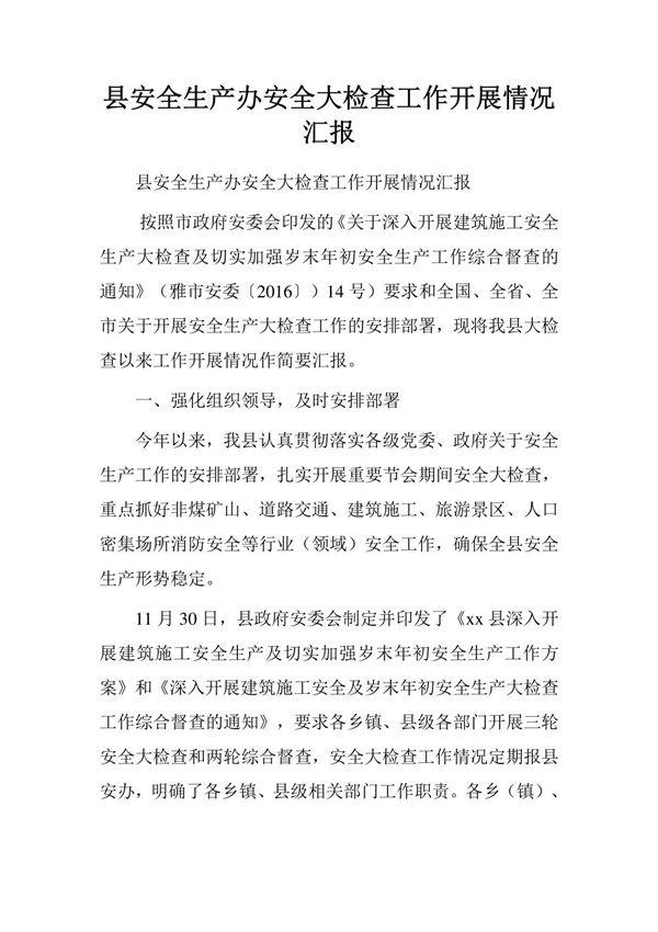 县安全生产办安全大检查工作开展情况汇报