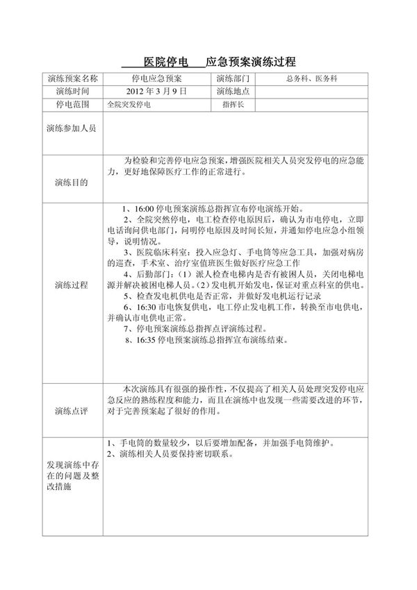 (精品)医院停电 应急预案演练过程