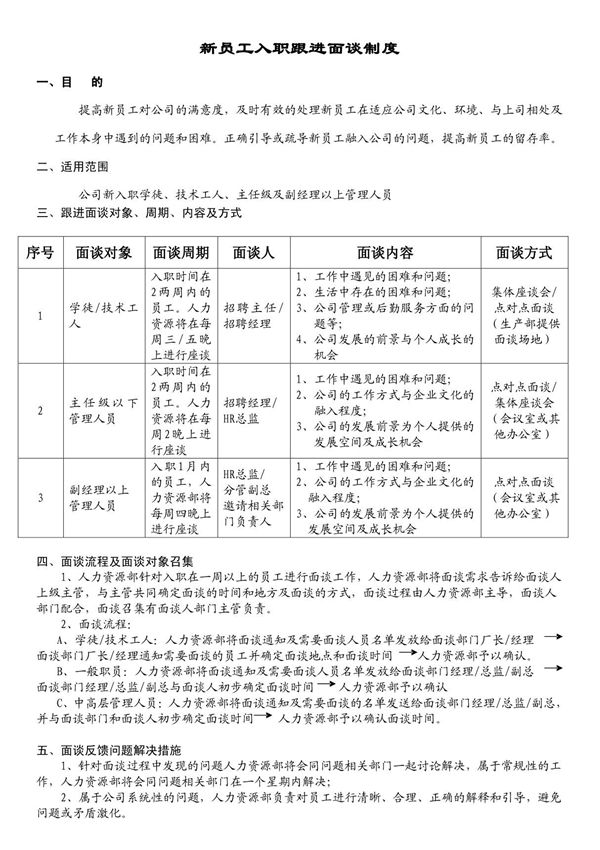 新员工入职跟进面谈制度