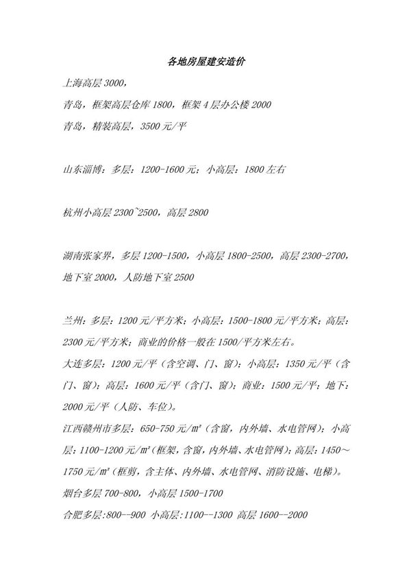 全国各地房屋建安造价汇编