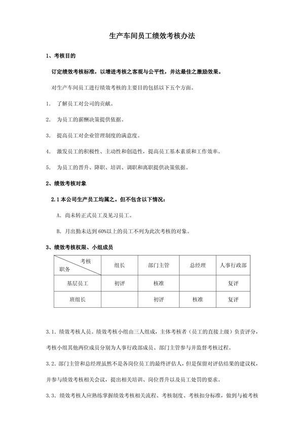 生产车间员工绩效考核方案