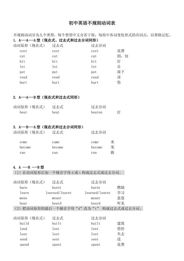 初中英语动词不规则变化表