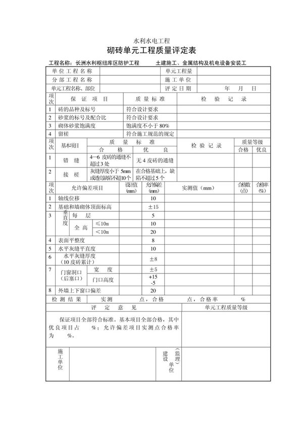 砌砖单元工程质量评定表1