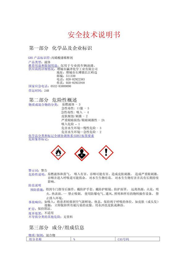 稀释剂安全技术说明书(MSDS)