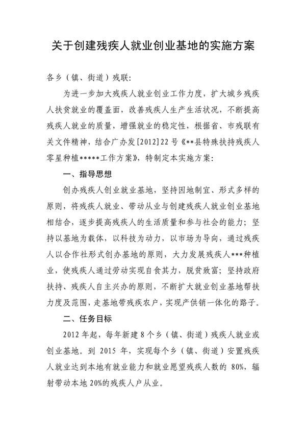 关于创建残疾人就业创业基地的实施方案