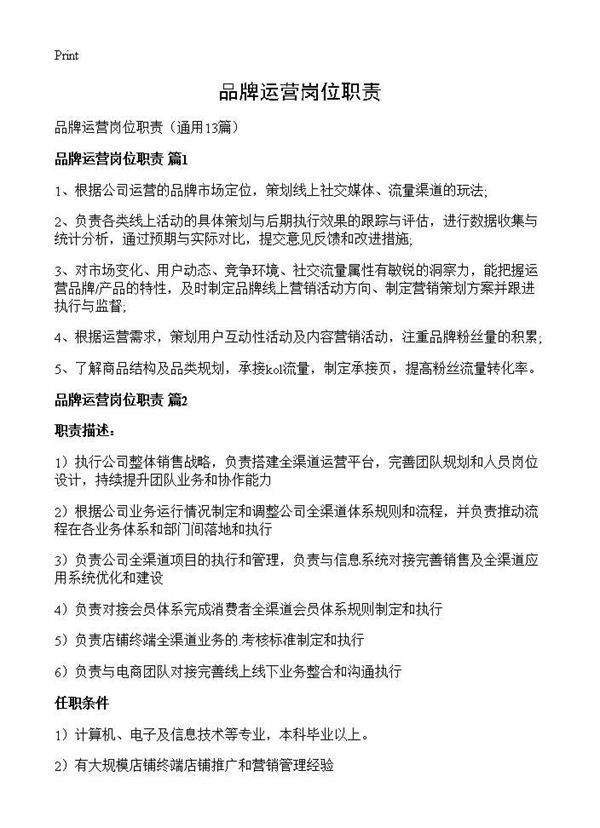 品牌运营岗位职责13篇
