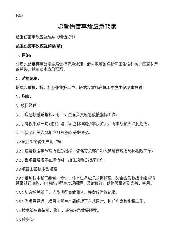 起重伤害事故应急预案3篇