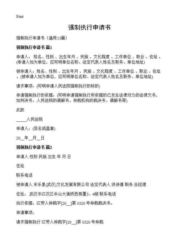 强制执行申请书13篇