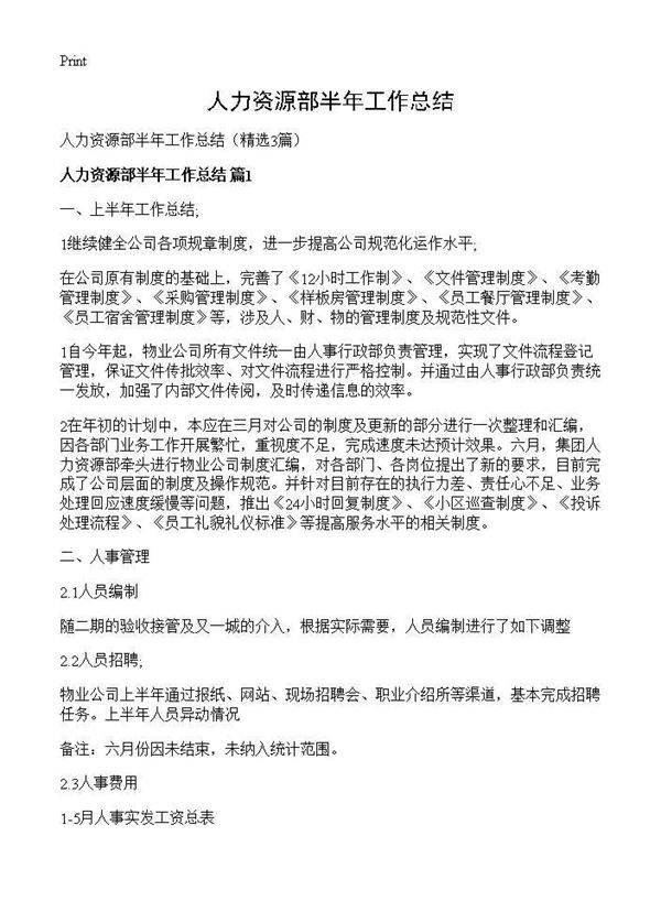 人力资源部半年工作总结3篇