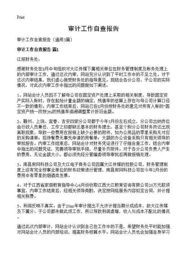 审计工作自查报告3篇