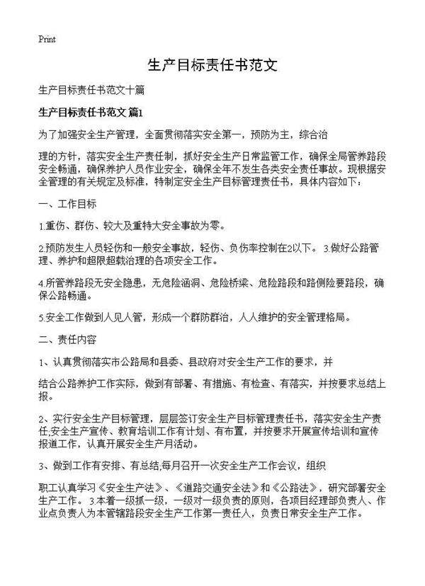 生产目标责任书范文