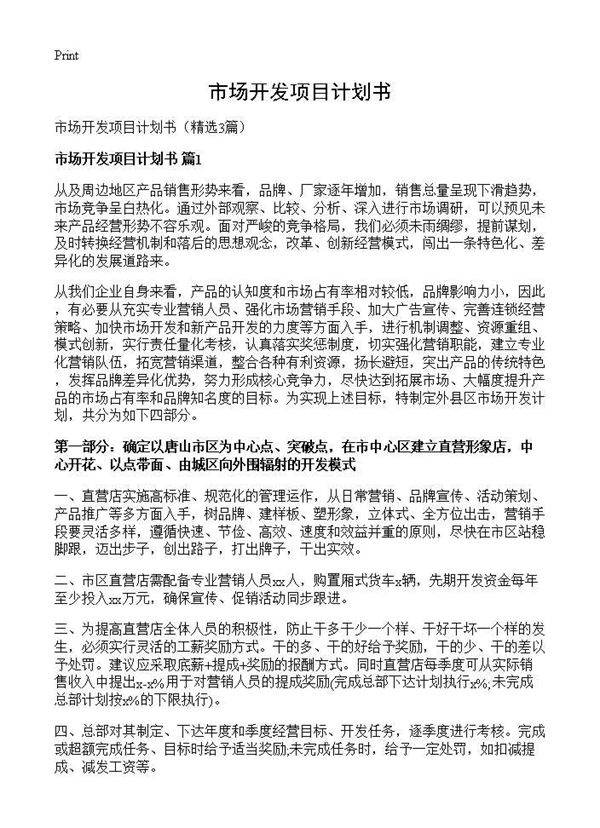 市场开发项目计划书3篇