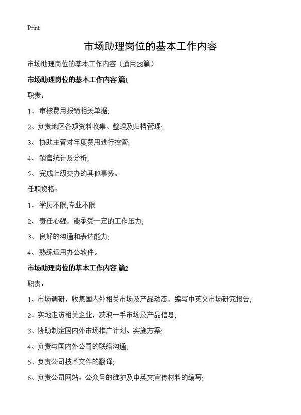 市场助理岗位的基本工作内容28篇