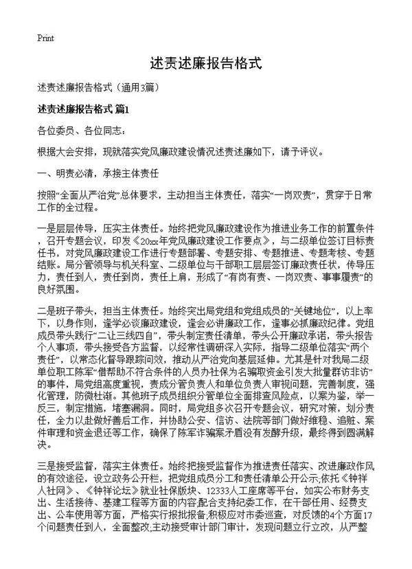 述责述廉报告格式3篇