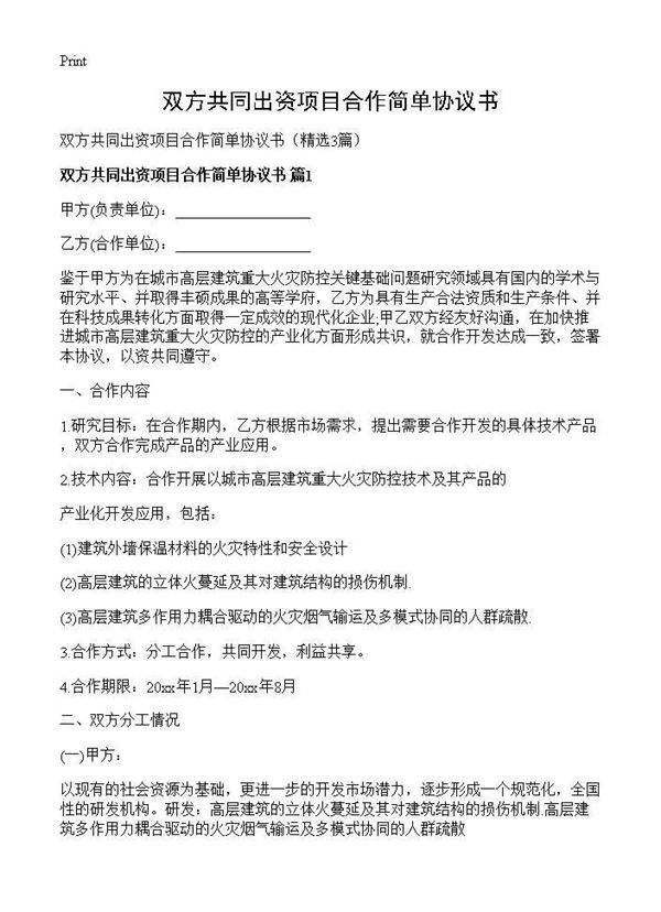 双方共同出资项目合作简单协议书3篇
