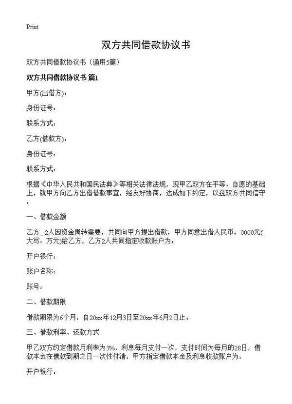 双方共同借款协议书5篇