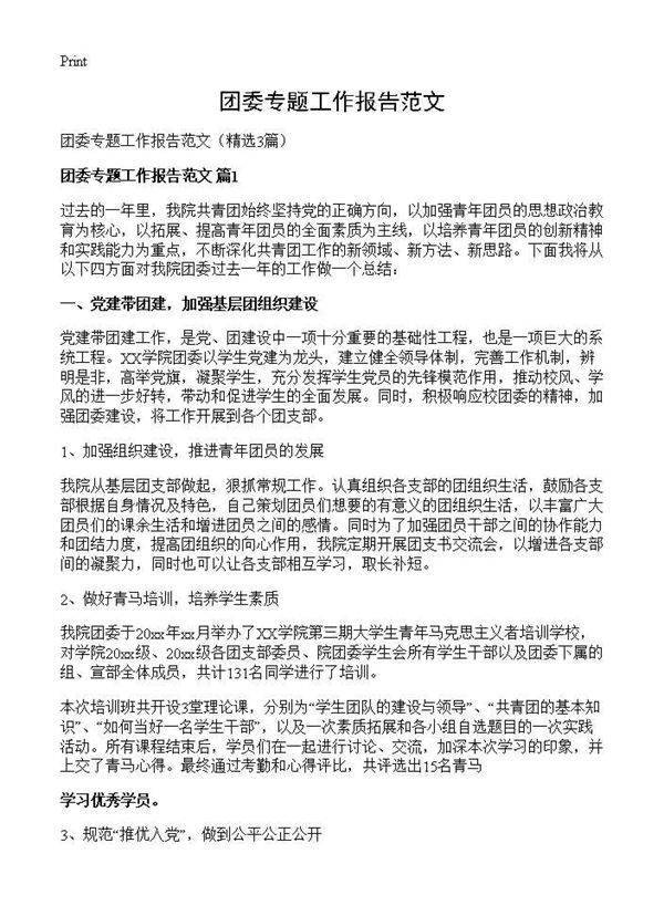 团委专题工作报告范文3篇