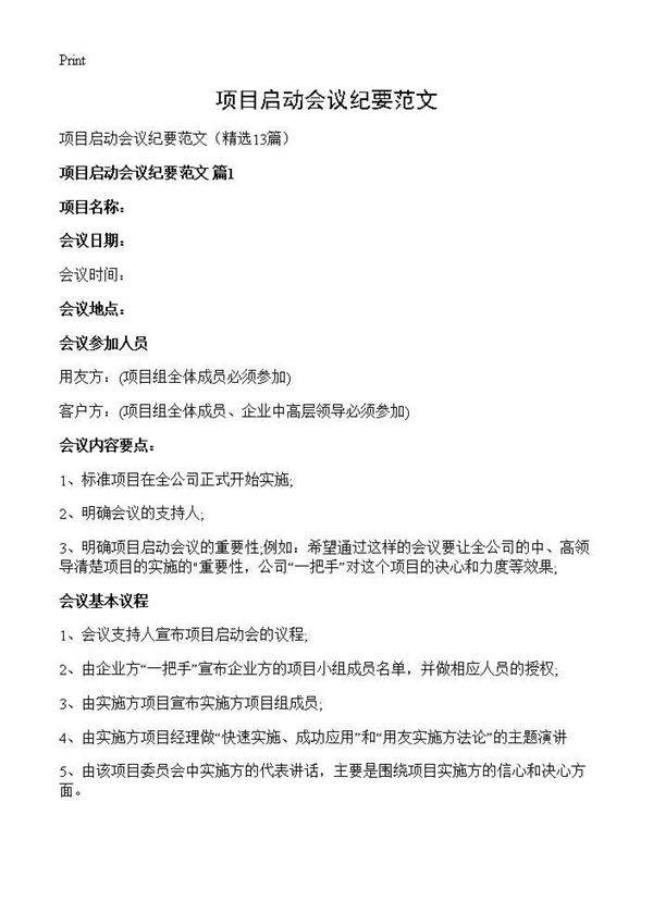 项目启动会议纪要范文13篇