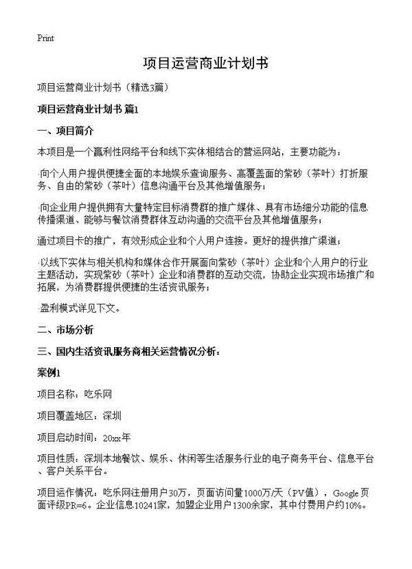 项目运营商业计划书3篇