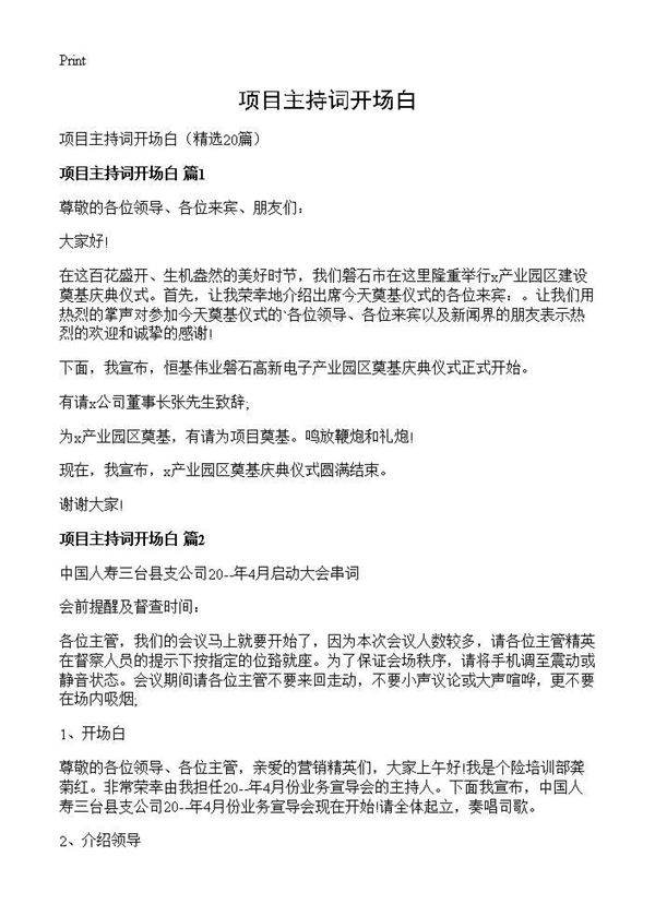 项目主持词开场白20篇