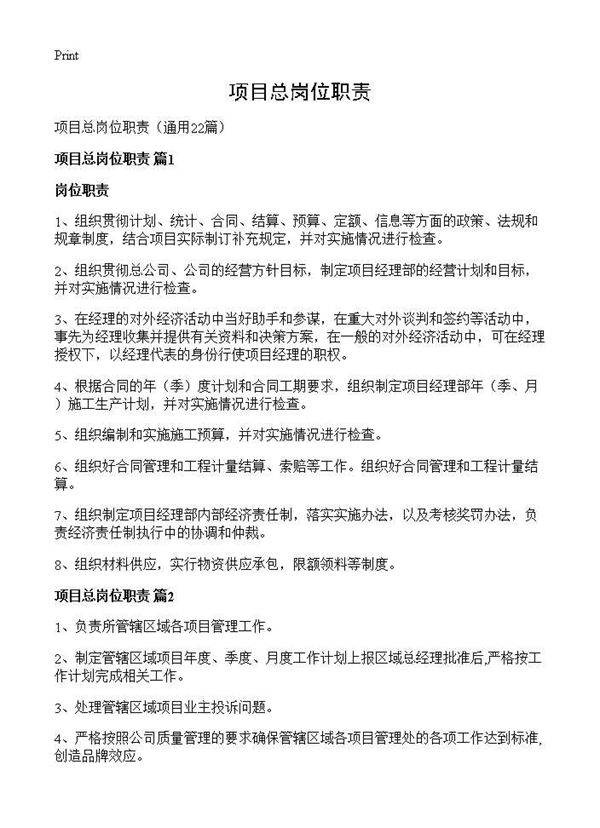 项目总岗位职责22篇
