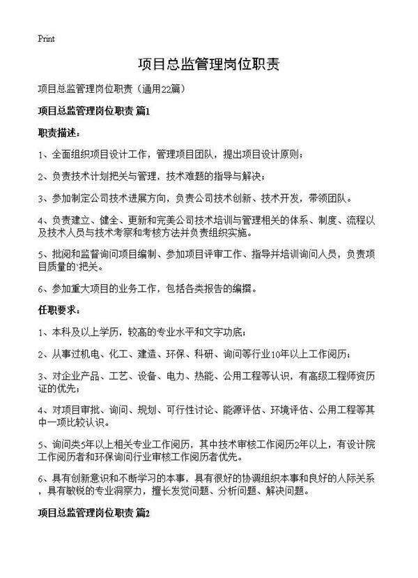 项目总监管理岗位职责22篇