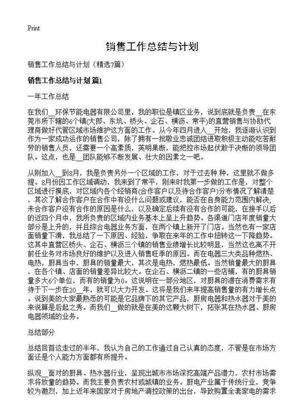 销售工作总结与计划7篇