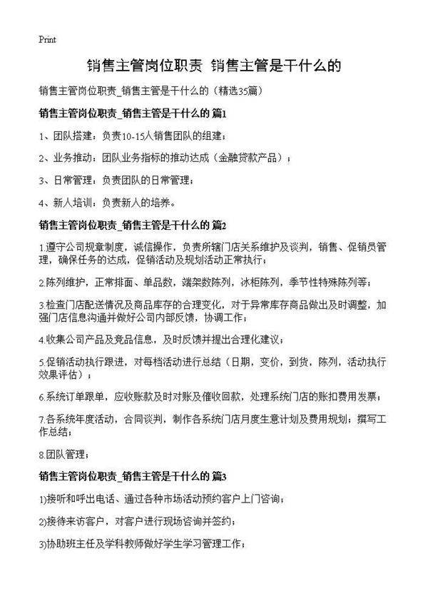 销售主管岗位职责 销售主管是干什么的35篇