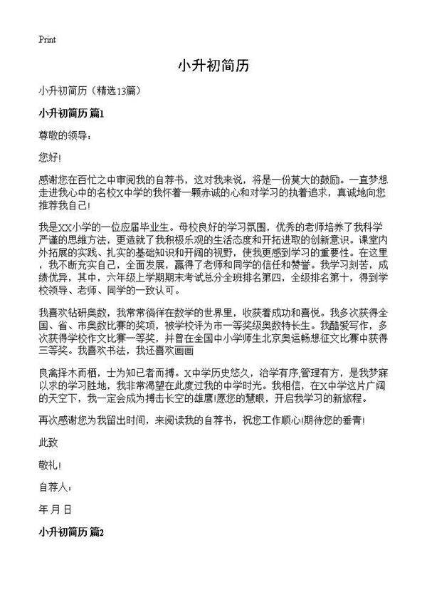 小升初简历13篇