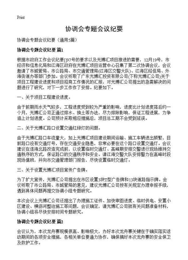 协调会专题会议纪要5篇