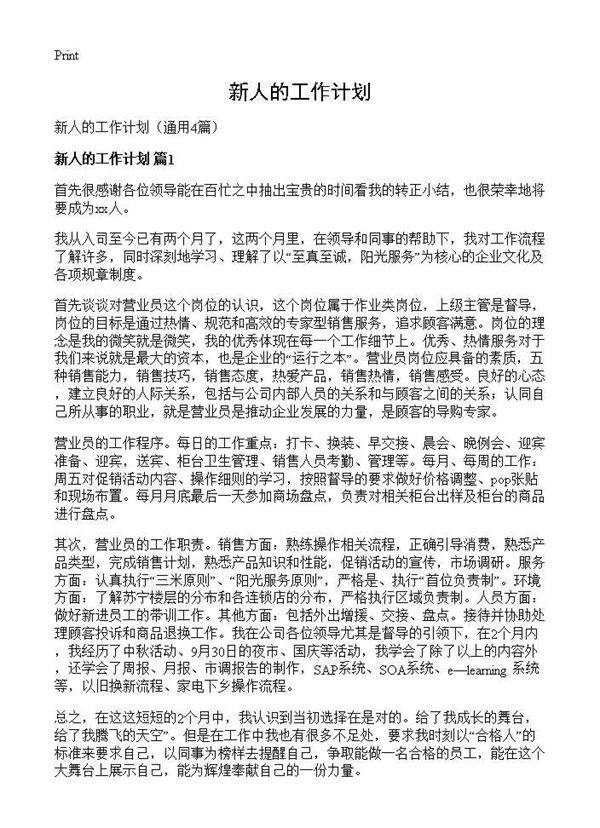 新人的工作计划4篇